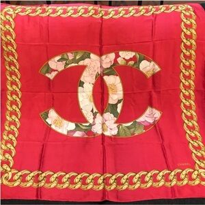 CHANEL Red and Gold Floral Scarf